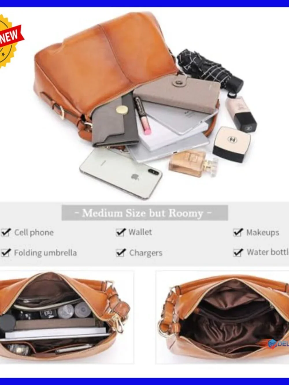 Genuine Leather Hobo Handbag with Adjustable Strap, Multiple Pockets